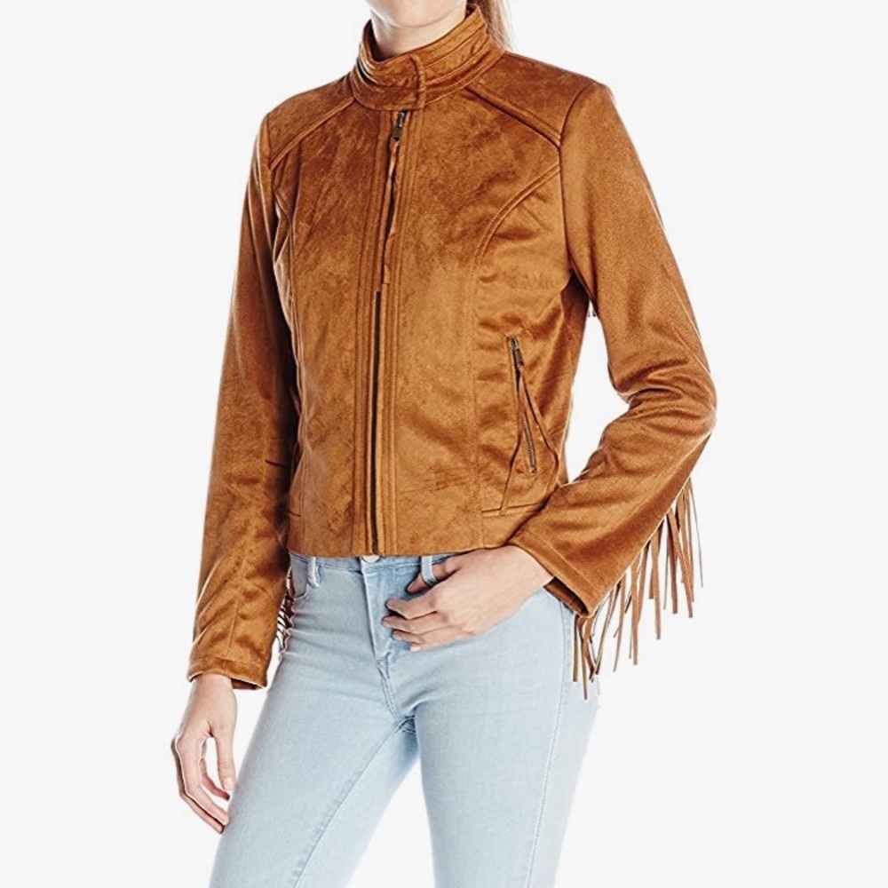 French Connection Women's XL Faux Suede Jacket with Fringe Sleeves
